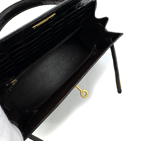 HERMES KELLY 25 SELLIER DARK BROWN POROSUS CROCODILE HAND SHOULDER BAG □C GHW 90305676