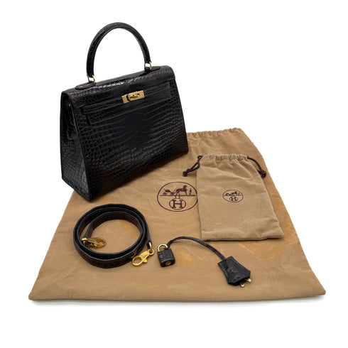 HERMES KELLY 25 SELLIER DARK BROWN POROSUS CROCODILE HAND SHOULDER BAG □C GHW 90305676