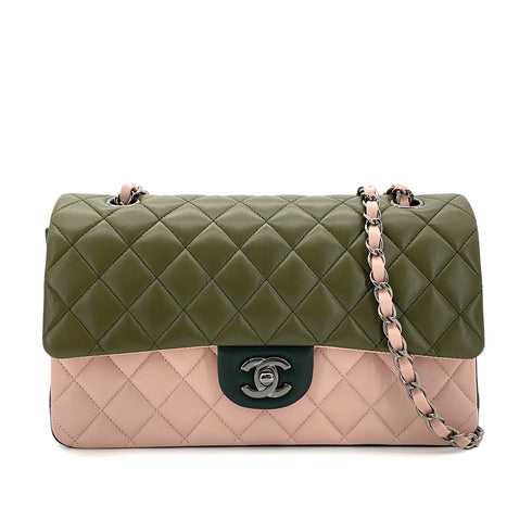 CHANEL CLASSIC FLAP MEDIUM CHAIN SHOULDER BAG TRICOLOR KAHKI PINK DARK GREEN LAMB SKIN 90305898