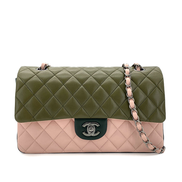 CHANEL CLASSIC FLAP MEDIUM CHAIN SHOULDER BAG TRICOLOR KAHKI PINK DARK GREEN LAMB SKIN 90305898