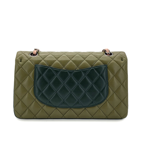 CHANEL CLASSIC FLAP MEDIUM CHAIN SHOULDER BAG TRICOLOR KAHKI PINK DARK GREEN LAMB SKIN 90305898