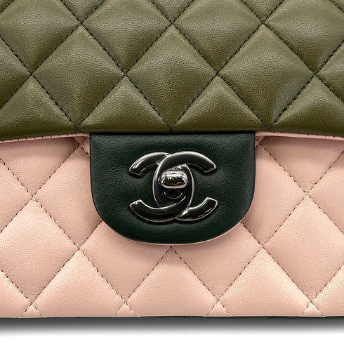 CHANEL CLASSIC FLAP MEDIUM CHAIN SHOULDER BAG TRICOLOR KAHKI PINK DARK GREEN LAMB SKIN 90305898
