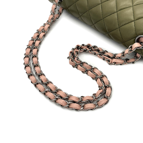 CHANEL CLASSIC FLAP MEDIUM CHAIN SHOULDER BAG TRICOLOR KAHKI PINK DARK GREEN LAMB SKIN 90305898