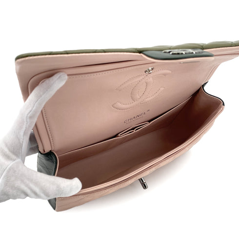 CHANEL CLASSIC FLAP MEDIUM CHAIN SHOULDER BAG TRICOLOR KAHKI PINK DARK GREEN LAMB SKIN 90305898