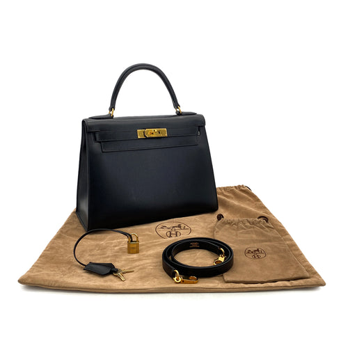 HERMES KELLY 28 SELLIER BLACK BOXCALF HAND SHOULDER BAG 〇Z GHW 90305903