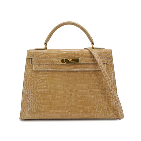 HERMES KELLY 32 SELLIER BEIGE ROSE CROCODILE POROSUS HAND SHOULDER BAG □C GHW 90306274 - PURPOSE