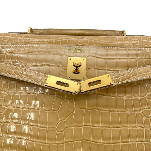 HERMES KELLY 32 SELLIER BEIGE ROSE CROCODILE POROSUS HAND SHOULDER BAG □C GHW 90306274 - PURPOSE