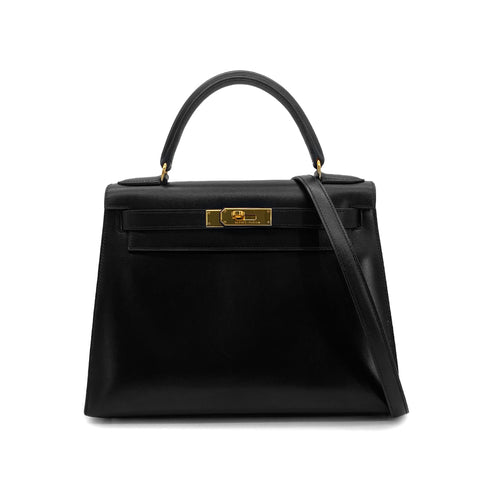 HERMES KELLY 28 SELLIER BLACK BOXCALF HAND SHOULDER BAG □A GHW 90306340 - PURPOSE