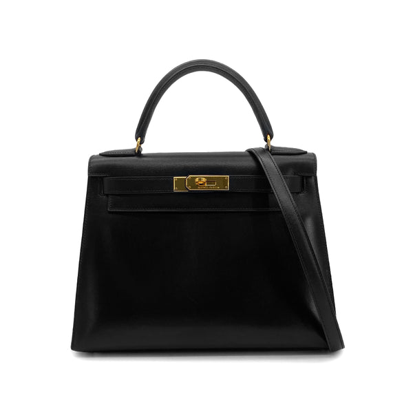 HERMES KELLY 28 SELLIER BLACK BOXCALF HAND SHOULDER BAG □A GHW 90306340 - PURPOSE