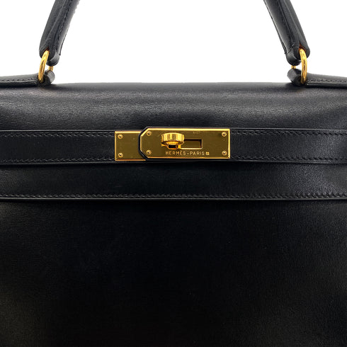 HERMES KELLY 28 SELLIER BLACK BOXCALF HAND SHOULDER BAG □A GHW 90306340 - PURPOSE