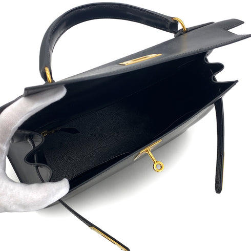 HERMES KELLY 28 SELLIER BLACK BOXCALF HAND SHOULDER BAG □A GHW 90306340 - PURPOSE