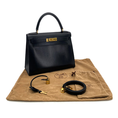 HERMES KELLY 28 SELLIER BLACK BOXCALF HAND SHOULDER BAG □A GHW 90306340 - PURPOSE