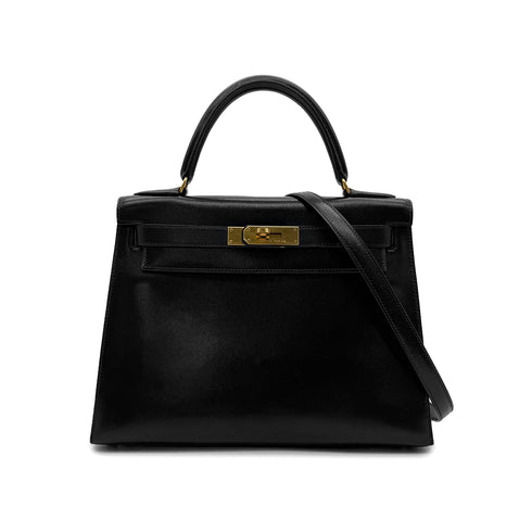 HERMES KELLY 28 SELLIER BLACK BOXCALF HAND SHOULDER BAG 〇U GHW 90306348 - PURPOSE