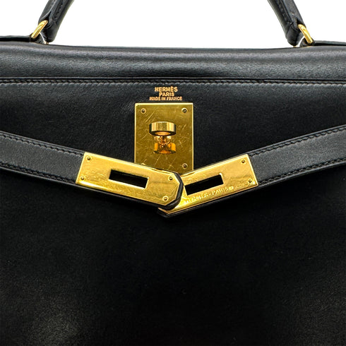 HERMES KELLY 28 SELLIER BLACK BOXCALF HAND SHOULDER BAG 〇U GHW 90306348 - PURPOSE