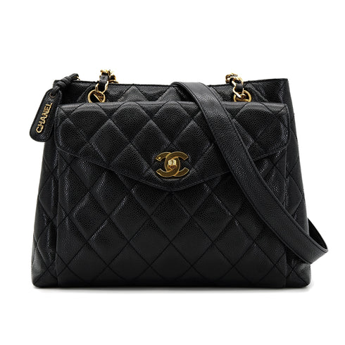 CHANEL VINTAGE MATELLASSE TURN LOCK CHAIN TOTE BAG BLACK CAVIAR SKIN 90306385 - PURPOSE