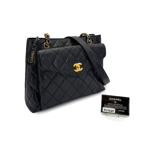 CHANEL VINTAGE MATELLASSE TURN LOCK CHAIN TOTE BAG BLACK CAVIAR SKIN 90306385 - PURPOSE