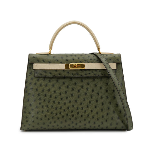 HERMES KELLY 32 SELLIER GREEN BEIGE OSTRICH HAND SHOULDER BAG 〇Y GHW 90306510 - PURPOSE