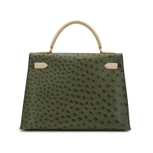HERMES KELLY 32 SELLIER GREEN BEIGE OSTRICH HAND SHOULDER BAG 〇Y GHW 90306510 - PURPOSE