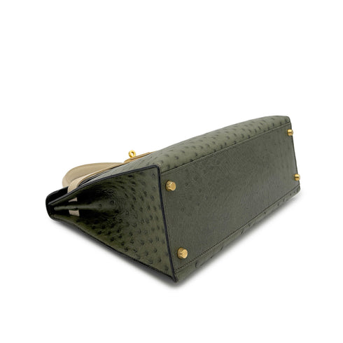 HERMES KELLY 32 SELLIER GREEN BEIGE OSTRICH HAND SHOULDER BAG 〇Y GHW 90306510 - PURPOSE
