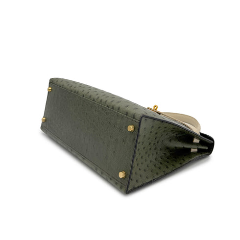 HERMES KELLY 32 SELLIER GREEN BEIGE OSTRICH HAND SHOULDER BAG 〇Y GHW 90306510 - PURPOSE