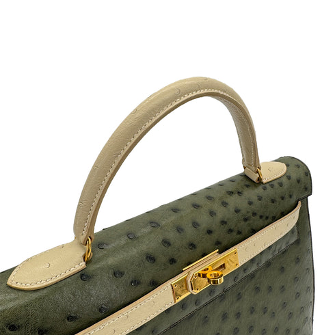 HERMES KELLY 32 SELLIER GREEN BEIGE OSTRICH HAND SHOULDER BAG 〇Y GHW 90306510 - PURPOSE