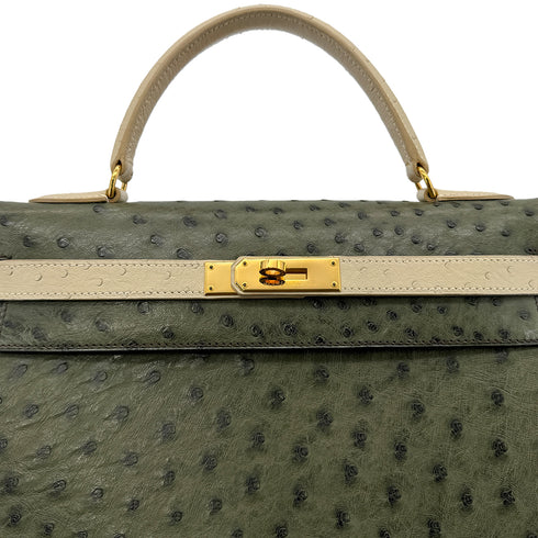 HERMES KELLY 32 SELLIER GREEN BEIGE OSTRICH HAND SHOULDER BAG 〇Y GHW 90306510 - PURPOSE