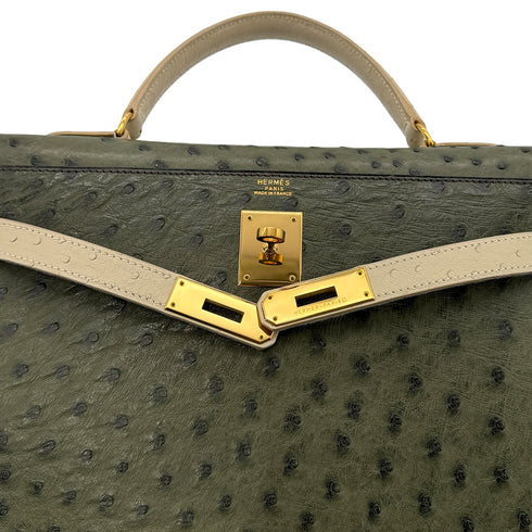 HERMES KELLY 32 SELLIER GREEN BEIGE OSTRICH HAND SHOULDER BAG 〇Y GHW 90306510 - PURPOSE