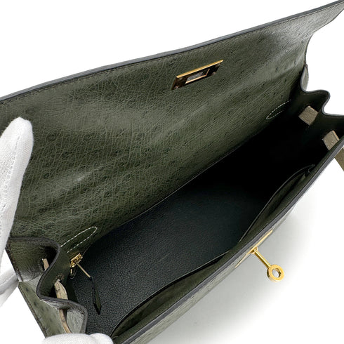 HERMES KELLY 32 SELLIER GREEN BEIGE OSTRICH HAND SHOULDER BAG 〇Y GHW 90306510 - PURPOSE