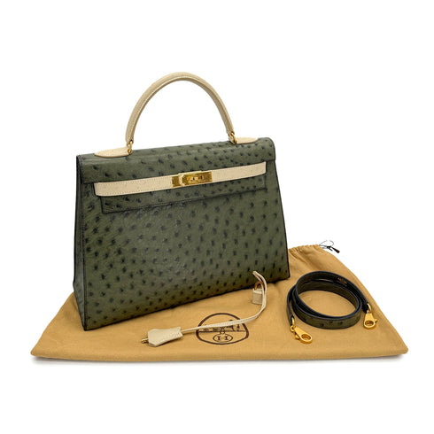 HERMES KELLY 32 SELLIER GREEN BEIGE OSTRICH HAND SHOULDER BAG 〇Y GHW 90306510 - PURPOSE