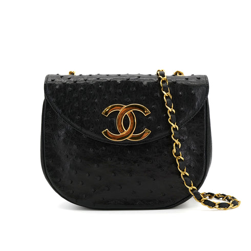 CHANEL VINTAGE BIG COCO ROUND CHAIN SHOULDER BAG BLACK OSTRICH 90306511 - PURPOSE