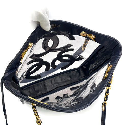 CHANEL VINTAGE TRIPLE COCO CHAIN TOTE BAG NAVY VINYL LAMB SKIN 90306517 - PURPOSE