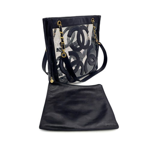 CHANEL VINTAGE TRIPLE COCO CHAIN TOTE BAG NAVY VINYL LAMB SKIN 90306517 - PURPOSE