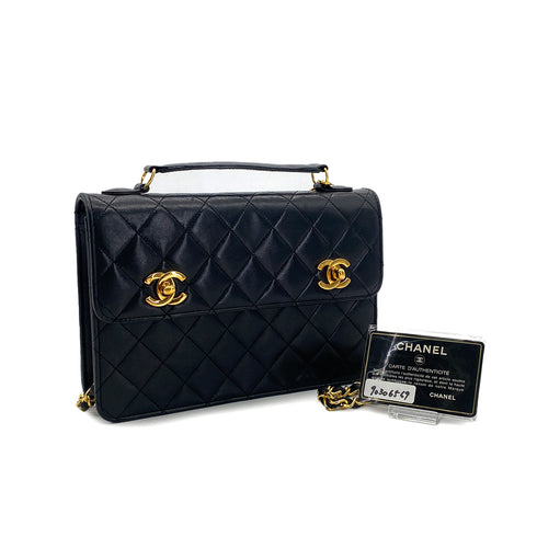 CHANEL VINTAGE DOUBLE TURN LOCK MATELASSE CHAIN SHOULDER HAND BAG BLACK LAMB SKIN 90306569 - PURPOSE