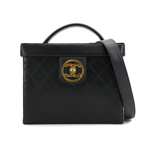 CHANEL VINTAGE BICOLORE TURN LOCK VANITY HAND SHOULDER BAG BLACK LEATHER 90306858 - PURPOSE