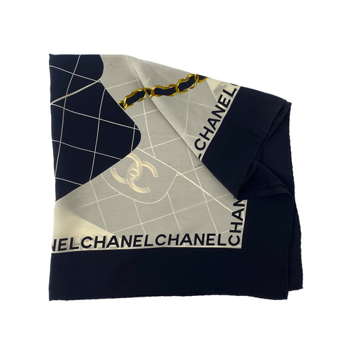 CHANEL VINTAGE SCARF MATELASSE BLACK WHITE SILK 90306878 - PURPOSE