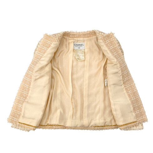 CHANEL VINTAGE COCO BUTTON JACKET SKIRT SET BEIGE TWEED 38 95C RTW 90307037 - PURPOSE