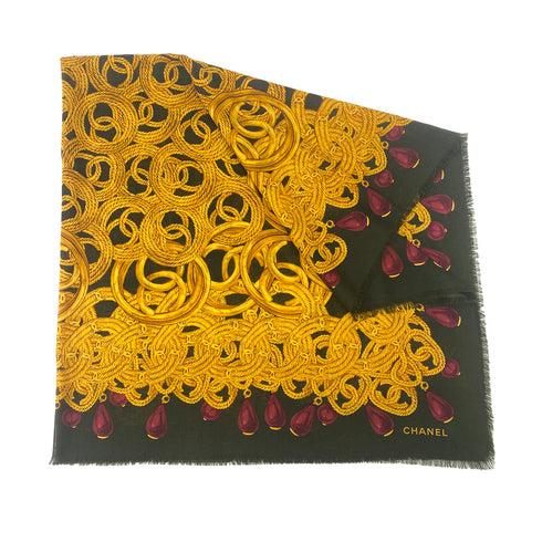 CHANEL VINTAGE SCARF COCOMARK CHAIN PATTERN KHAKI GOLD SILK CASHMERE 90307038 - PURPOSE