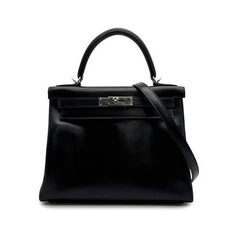 HERMES KELLY 28 RETOURNE BLACK BOXCALF HAND SHOULDER BAG □G PHW 90307205 - PURPOSE