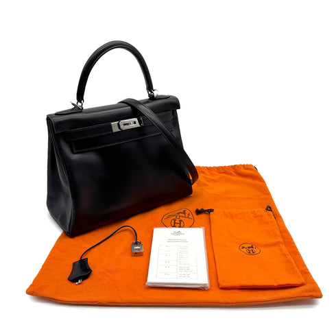 HERMES KELLY 28 RETOURNE BLACK BOXCALF HAND SHOULDER BAG □G PHW 90307205 - PURPOSE