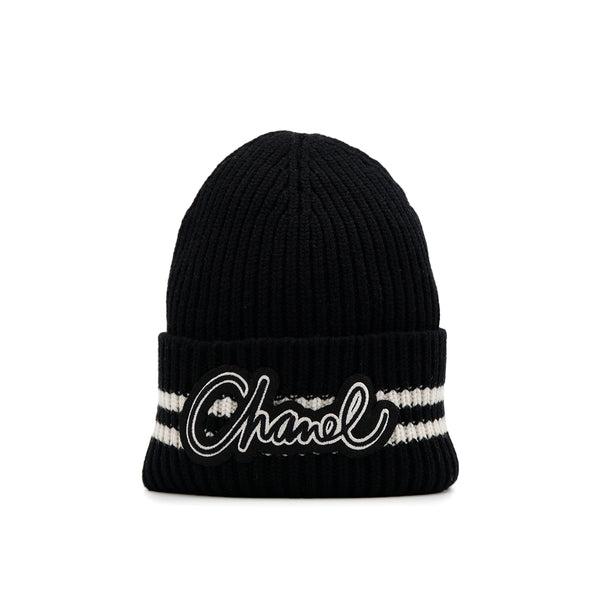 CHANEL KNIT HAT LOGO BLACK WHITE CASHMERE RTW 90307366