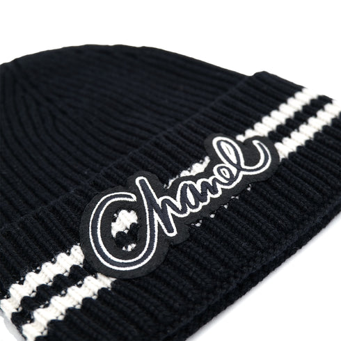 CHANEL KNIT HAT LOGO BLACK WHITE CASHMERE RTW 90307366