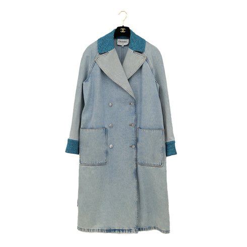 CHANEL COCO BUTTON DENIM TRENCH COAT BLUE GREEN TWEED 38 P72 RTW 90307386 - PURPOSE