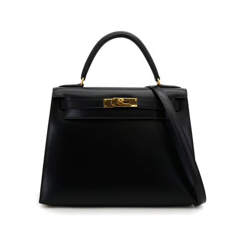 HERMES KELLY 28 SELLIER BLACK BOXCALF HAND SHOULDER BAG 〇Z 90307818 - PURPOSE
