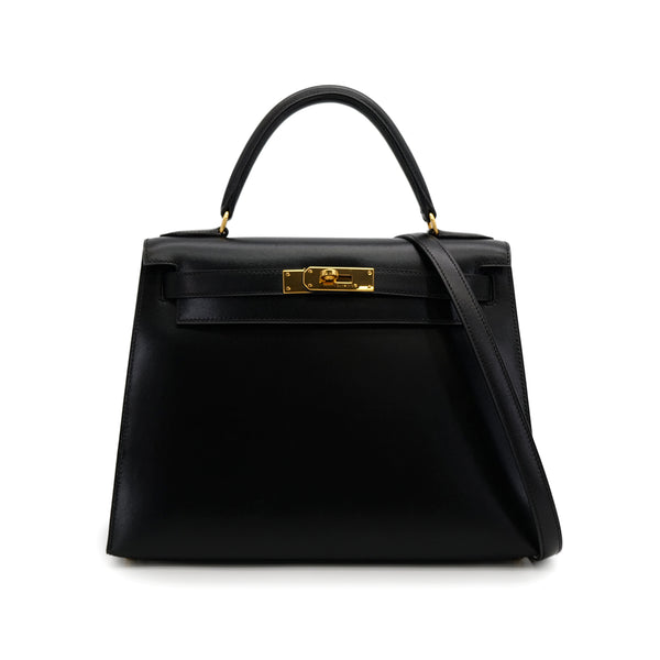 HERMES KELLY 28 SELLIER BLACK BOXCALF HAND SHOULDER BAG 〇Z 90307818 - PURPOSE