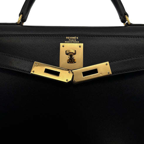 HERMES KELLY 28 SELLIER BLACK BOXCALF HAND SHOULDER BAG 〇Z 90307818 - PURPOSE