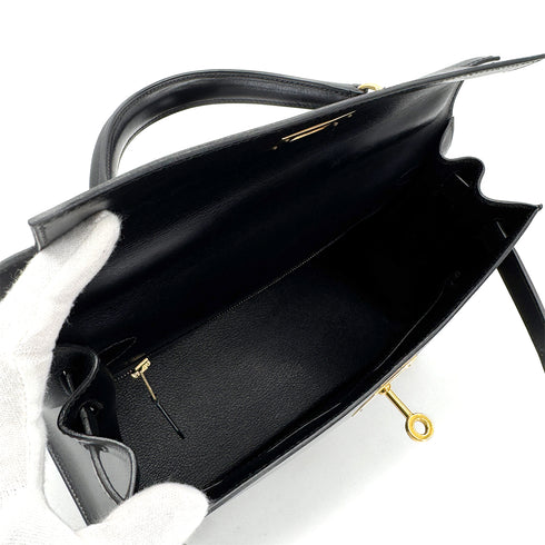 HERMES KELLY 28 SELLIER BLACK BOXCALF HAND SHOULDER BAG 〇Z 90307818 - PURPOSE