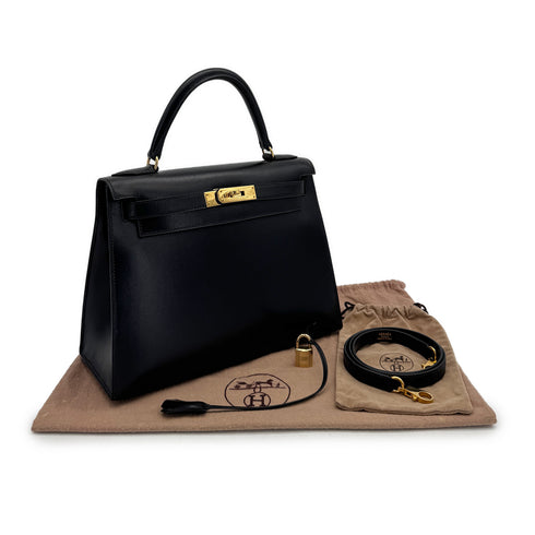HERMES KELLY 28 SELLIER BLACK BOXCALF HAND SHOULDER BAG 〇Z 90307818 - PURPOSE