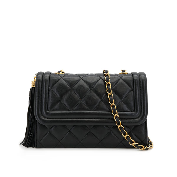 CHANEL VINTAGE MATELASSE CHAIN SHOULDER BAG FRINGE BLACK LAMB SKIN 90307819 - PURPOSE
