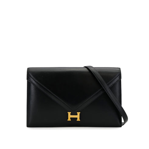 HERMES LYDIE BLACK CLUTCH SHOULDER BAG BOXCALF 〇H GOLD HARDWARE 90307822 - PURPOSE