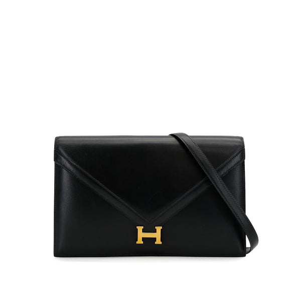HERMES LYDIE BLACK CLUTCH SHOULDER BAG BOXCALF 〇H GOLD HARDWARE 90307822 - PURPOSE